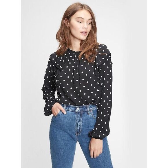 New Gap Ruffle Shoulder Long Sleeve Polka Dot‎ Blouse Rayon Black White S - Picture 1 of 16